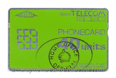 Home Office hand stamped 40 unit BT Phonecard for use in HM Prisons